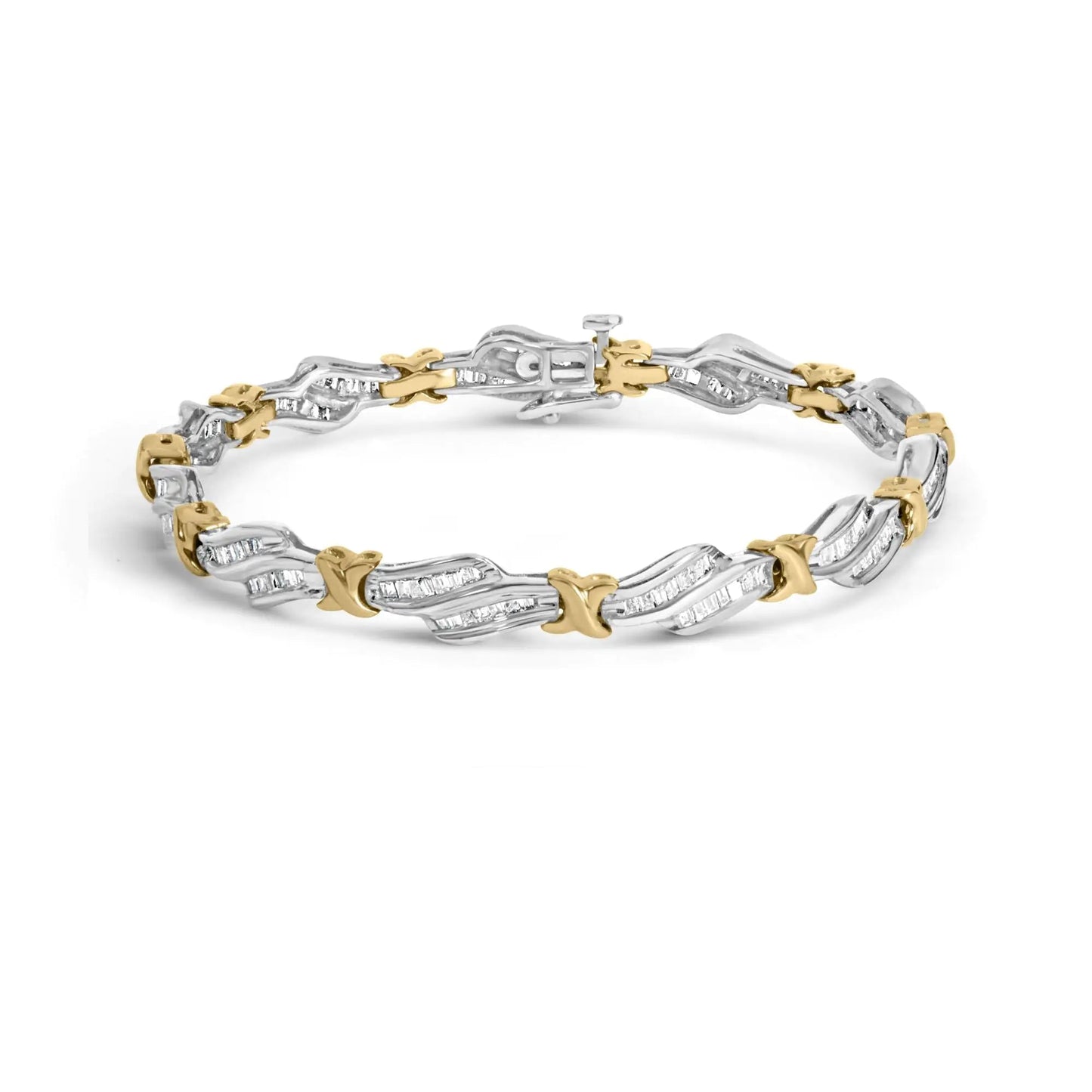 10k Two-Toned Gold 2.00 Cttw Channel Set Baguette-Diamond Weave and "X" Spiral Link Bracelet (H-I Color, I1-I2 Clarity) - 7" WEM Support (www.WEM.support)