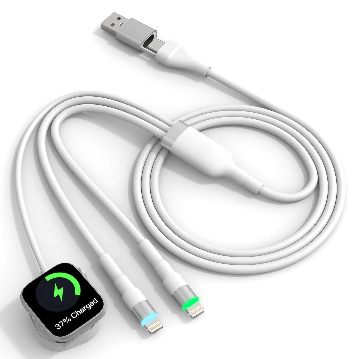 White charging cable with USB connector on a white background
