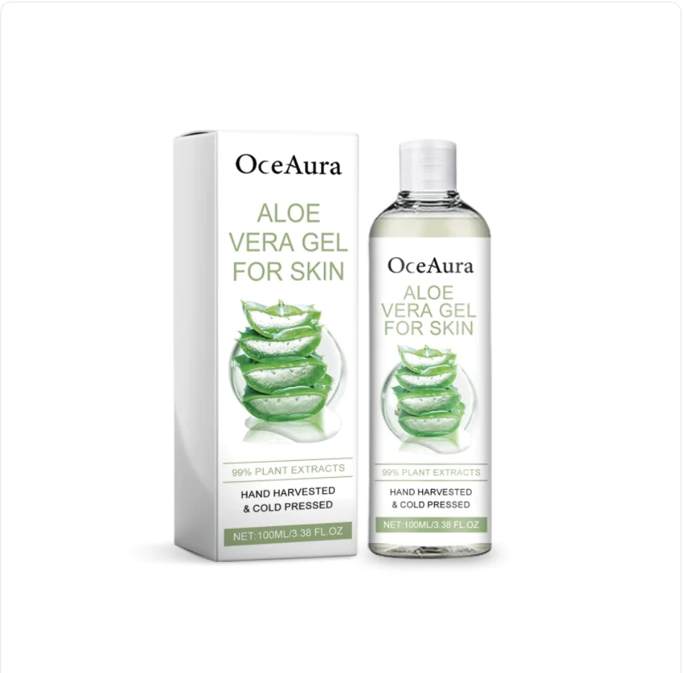 A product image featuring Oce Aura Aloe Vera Gel for skin, packaged in a 100ml white bottle with a green label and a box with product details.