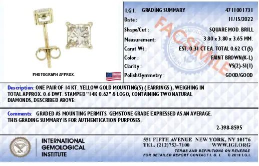 14K Yellow Gold 5/8 Cttw Princess Natural Brown Color Diamond 4-Prong Stud Earrings (Brown Color, VS2-SI1 Clarity) WEM Support (www.WEM.support)