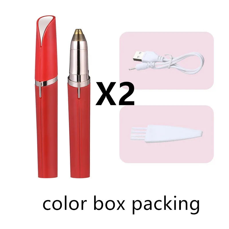 USB electric trimmer with white body and silver accents, displayed alongside a USB charging cable and a color box packing label.