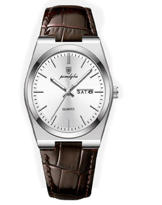 A green Ultra-thin Waterproof Luminous Quartz Watch with a silver stainless steel case and a green leather strap.