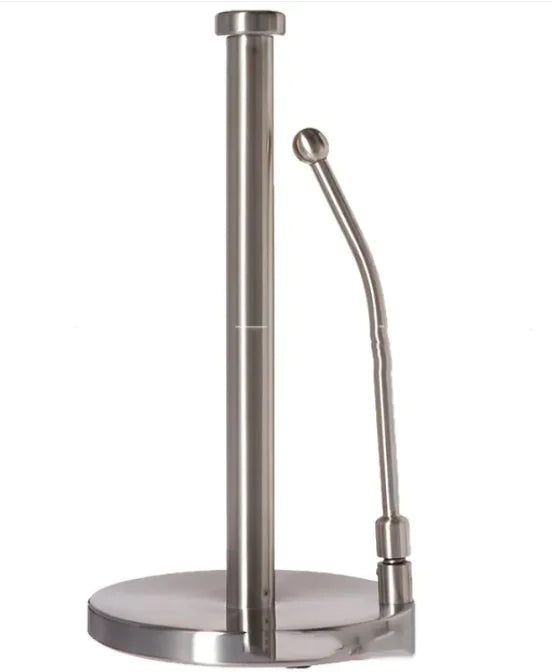 A silver vertical tissue holder designed to stand on a countertop, with a roll of tissue paper partiallyUnrolled.