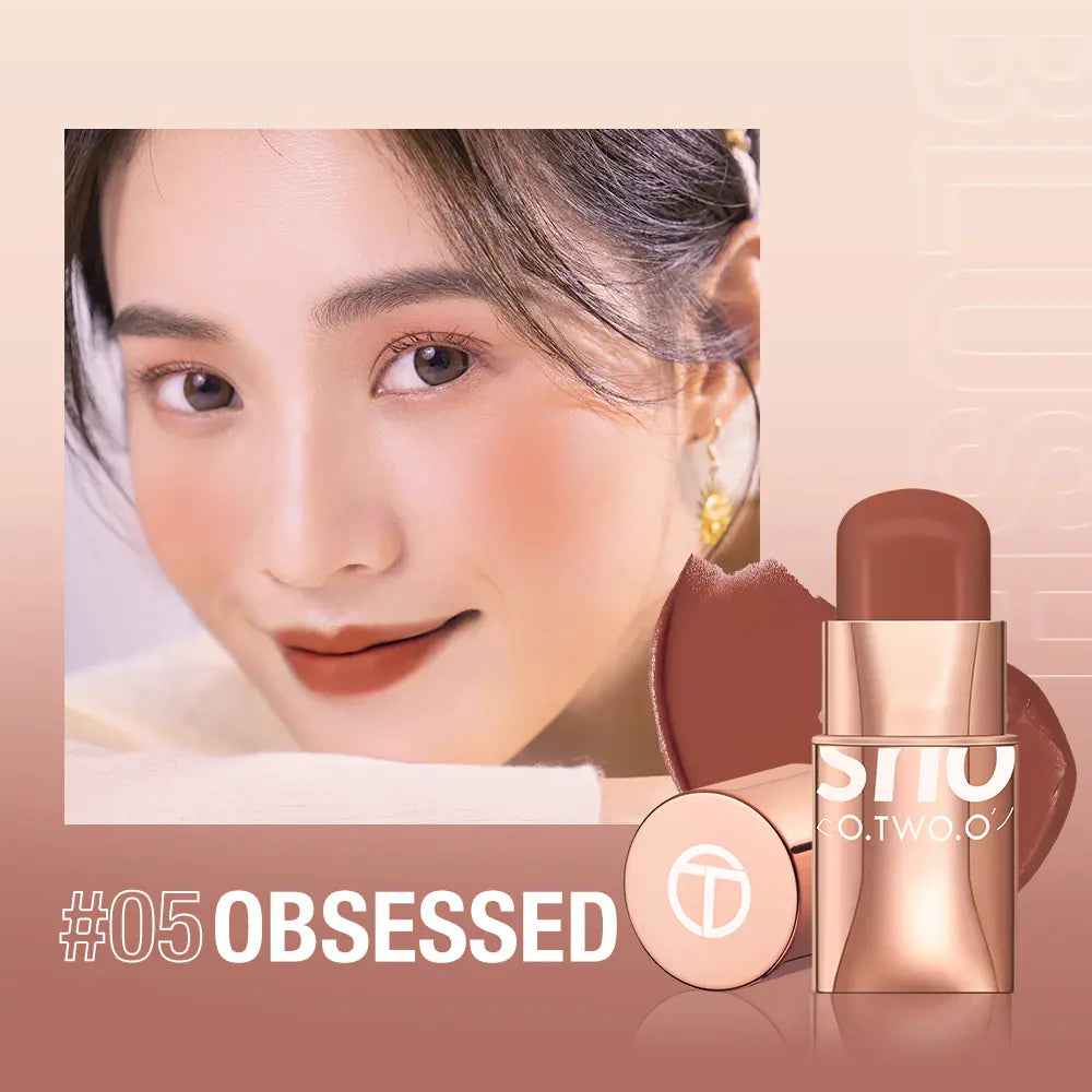 A close-up image of a woman's cheek with the blush cream applied, alongside the blush stick with the product name '#01 YOUTHFUL' highlighted.