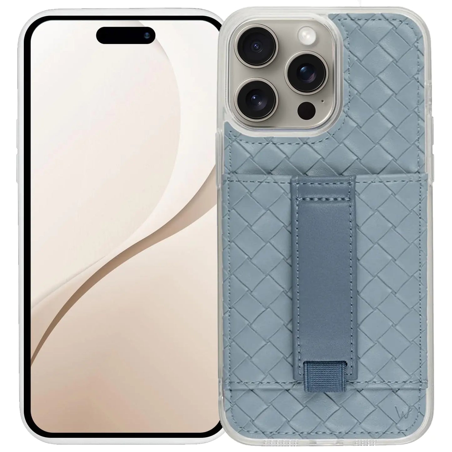 A blue vegan leather wallet case for iPhone 15 Pro Max with a card holder, kickstand, and finger strap.