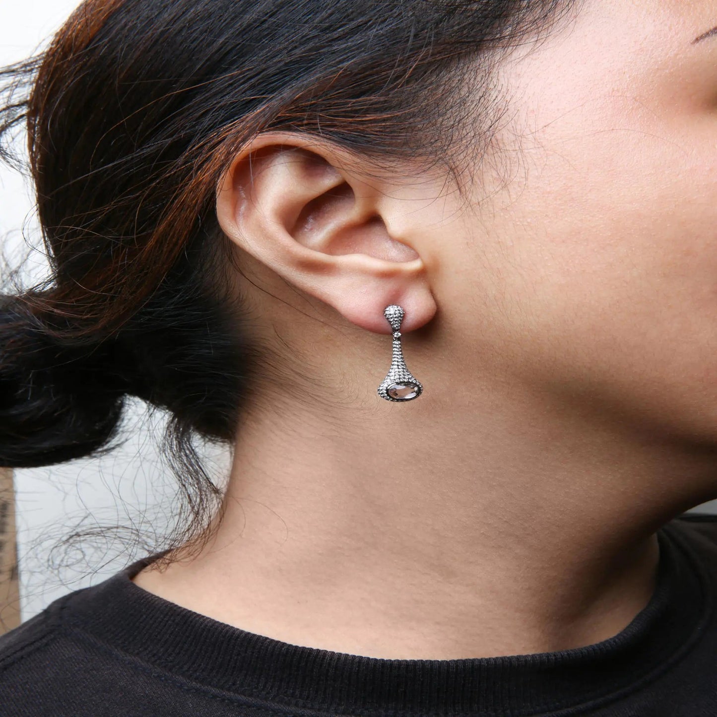 Black Rhodium Plated 18K White Gold 1 3/8 Cttw Round Pave Diamonds and 8x6mm Oval White Quartz Gemstone Sculptural Drop and Dangle Earrings (G-H Color, SI1-SI2 Clarity) WEM Support (www.WEM.support)