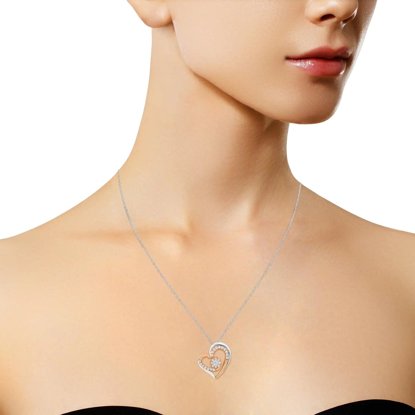 Collier Pendentif Coeur en Argent Sterling Plaqué Or Rose et Blanc 10k avec Diamants de Laboratoire de 3/8 carat (Couleur F-G, Clarté VS2-SI1) WEM Support (www.WEM.support)