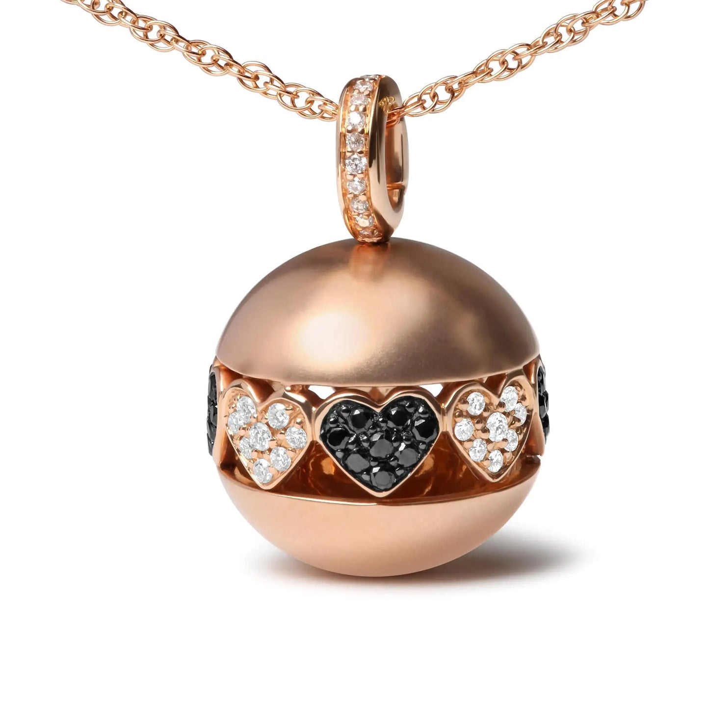 18K Rose Gold 3/8 Cttw Black and White Diamond Ball with Filigree Heart and Cluster Design 18" Pendant Necklace (Black and G-H Color, SI1-SI2 Clarity) WEM Support (www.WEM.support)
