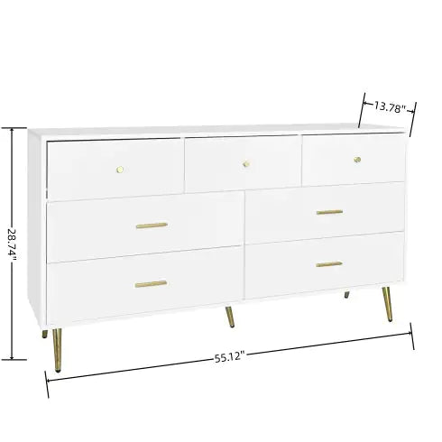 Seven Drawers Large Chest Of Drawer Cabinet With Golden Handle And Golden Legs White Color WEM Support (www.WEM.support)
