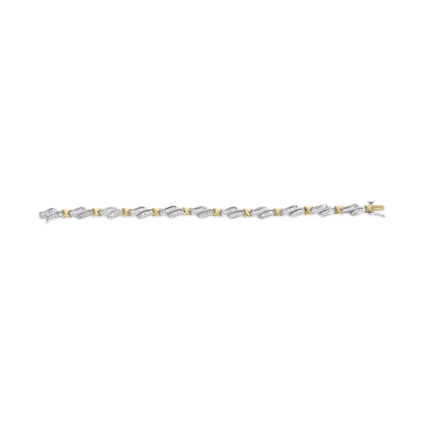10k Two-Toned Gold 2.00 Cttw Channel Set Baguette-Diamond Weave and "X" Spiral Link Bracelet (H-I Color, I1-I2 Clarity) - 7" WEM Support (www.WEM.support)