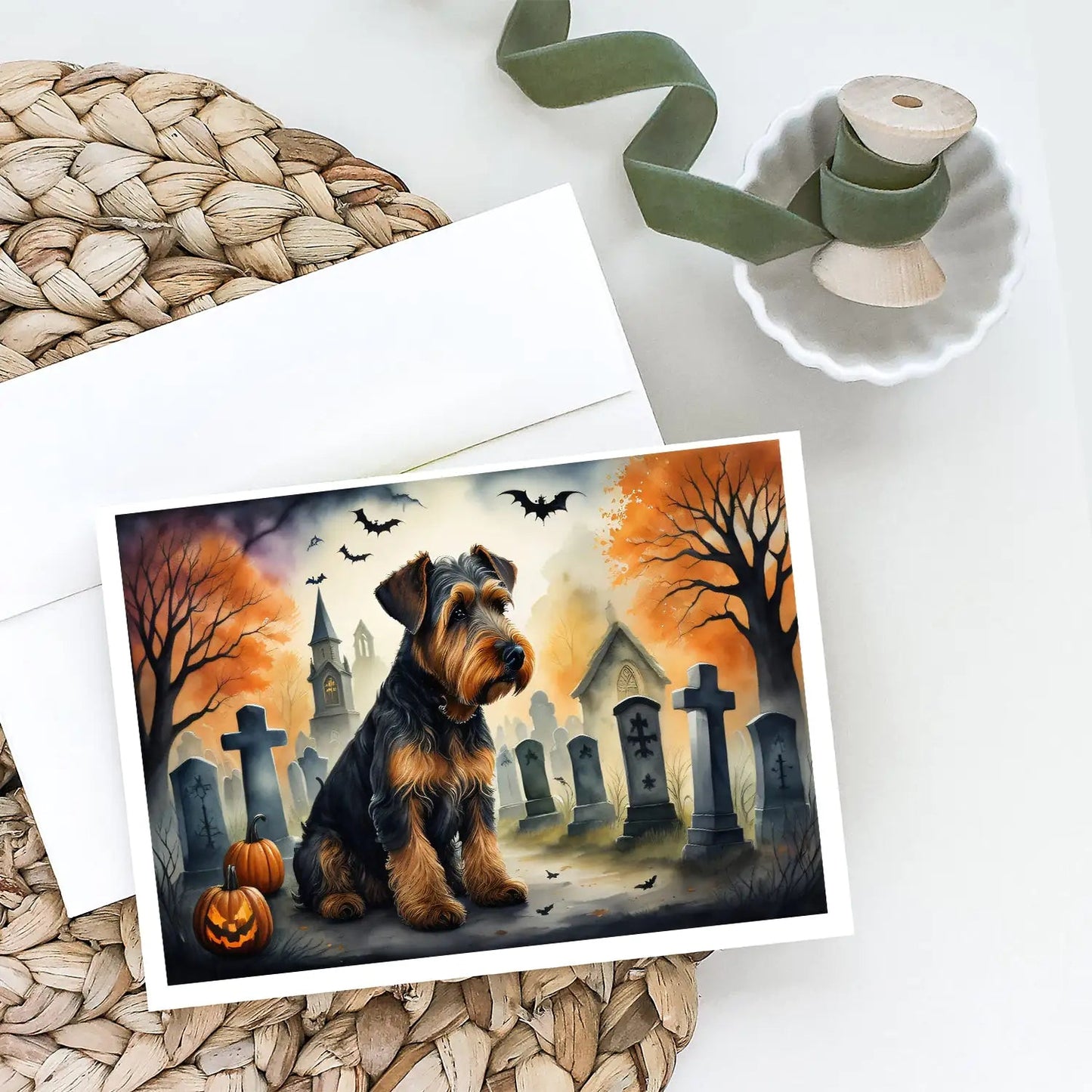 Airedale Terrier Spooky Halloween Greeting Cards Pack of 8 WEM Support (www.WEM.support)