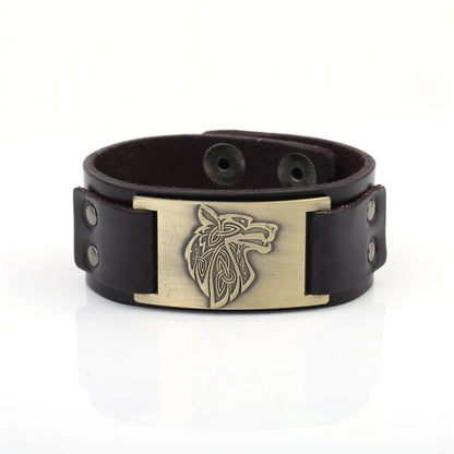 Vintage Wide Leather Woven Wolf Head Bracelet WEM Support (www.WEM.support)