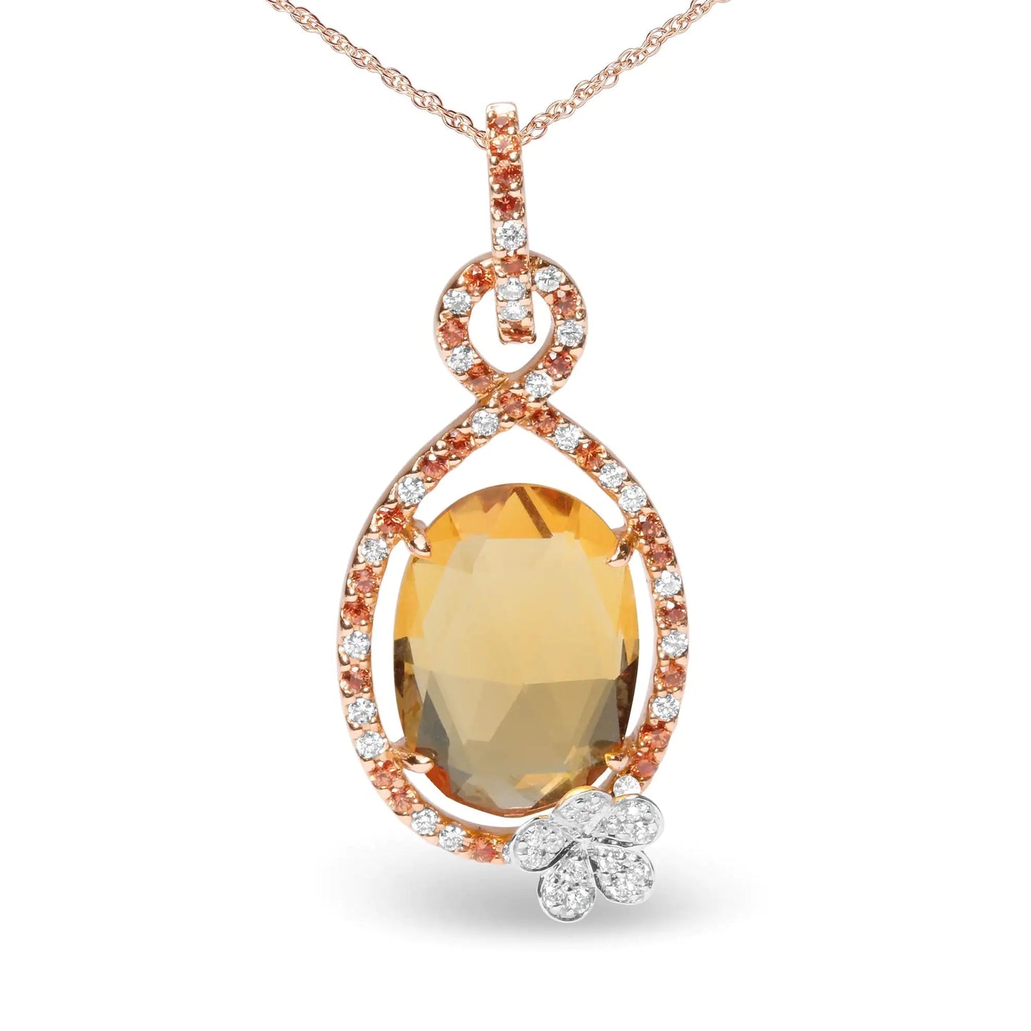 18K Rose Gold 1/5 Cttw Diamond and Oval Yellow Citrine and Round Orange Sapphire Gemstone Openwork Halo Teardrop with Flower Design 18" Pendant Necklace (G-H Color, SI1-SI2 Clarity) WEM Support (www.WEM.support)
