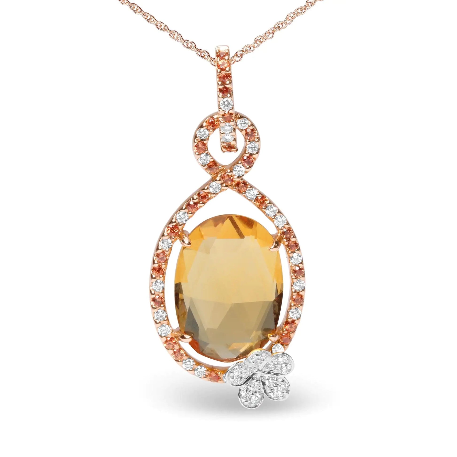 18K Rose Gold 1/5 Cttw Diamond and Oval Yellow Citrine and Round Orange Sapphire Gemstone Openwork Halo Teardrop with Flower Design 18" Pendant Necklace (G-H Color, SI1-SI2 Clarity) WEM Support (www.WEM.support)