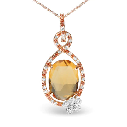 18K Rose Gold 1/5 Cttw Diamond and Oval Yellow Citrine and Round Orange Sapphire Gemstone Openwork Halo Teardrop with Flower Design 18" Pendant Necklace (G-H Color, SI1-SI2 Clarity) WEM Support (www.WEM.support)