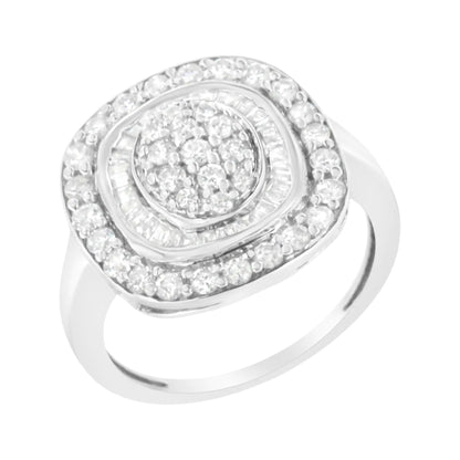 .925 Sterling Silver 1cttw Round and Baguette-Cut Diamond Square Cocktail Ring (I2-I3 Clarity, H-I Color) WEM Support (www.WEM.support)