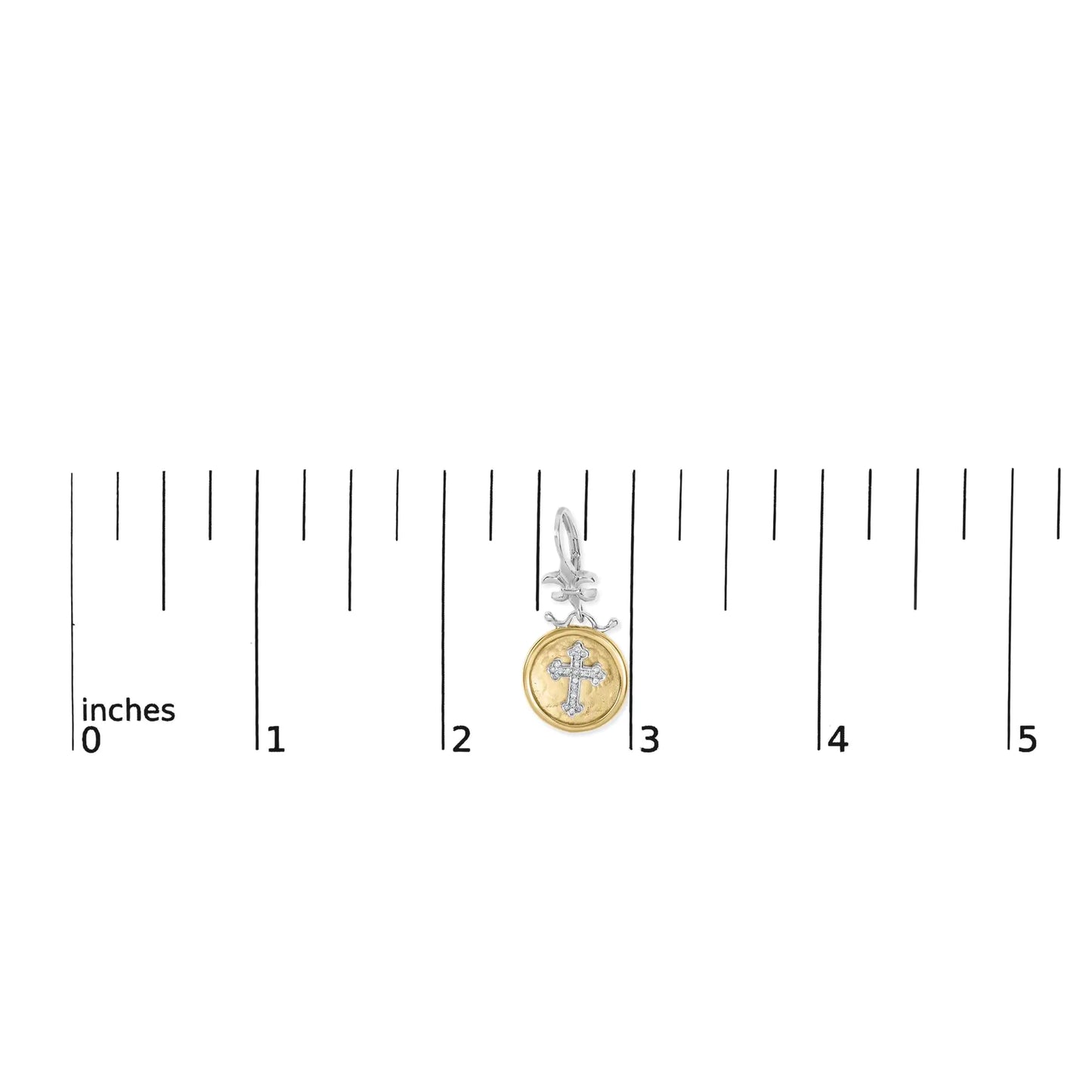 A pair of 18K yellow gold plated .925 sterling silver medallion earrings with cross drop and dangle design, displayed on a ruler for scale.