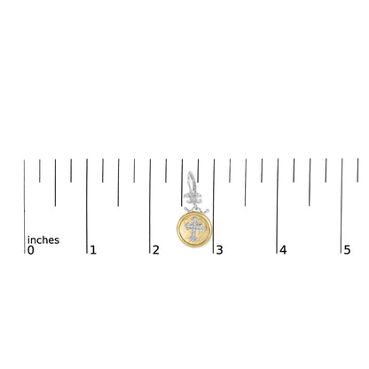 A pair of 18K yellow gold plated .925 sterling silver medallion earrings with cross drop and dangle design, displayed on a ruler for scale.