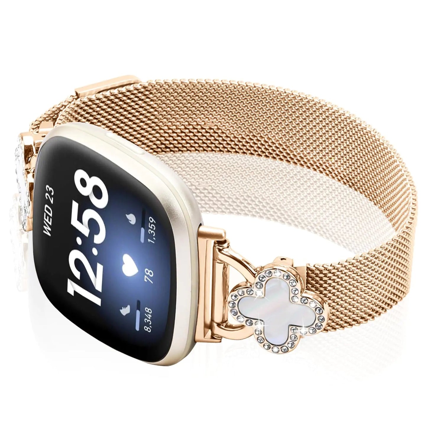 Band Compatible with Fitbit Sense/Sense 2 Versa 3/Versa 4 for Women Stainless Steel Magnetic Strap Adjustable Four Leaf Clover Watch Bands. HejK.com