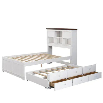 Solid Pine Captain Bookcase Bed With Trundle Bed And 3 Spacious Under Bed Drawers In Casual,Full, White Walnut WEM Support (www.WEM.support)