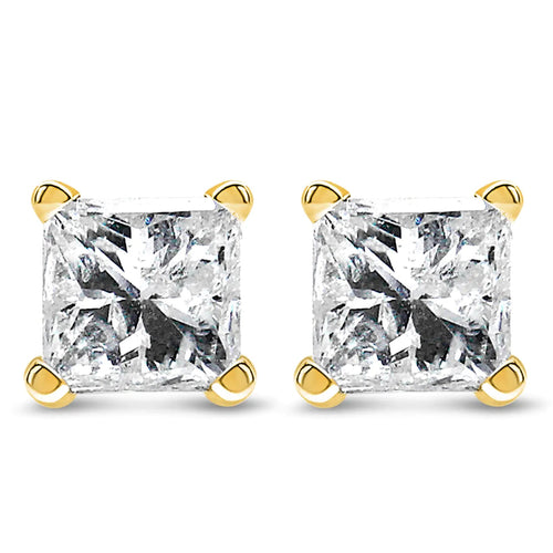 Boucles d'oreilles clous solitaire en diamant taille princesse monture 4 griffes en or jaune 14k certifiées IGI (Couleur L-M, Clarté I1-I2) WEM Support (www.WEM.support)