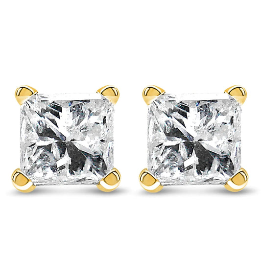 Boucles d'oreilles clous solitaire en diamant taille princesse monture 4 griffes en or jaune 14k certifiées IGI (Couleur L-M, Clarté I1-I2) WEM Support (www.WEM.support)