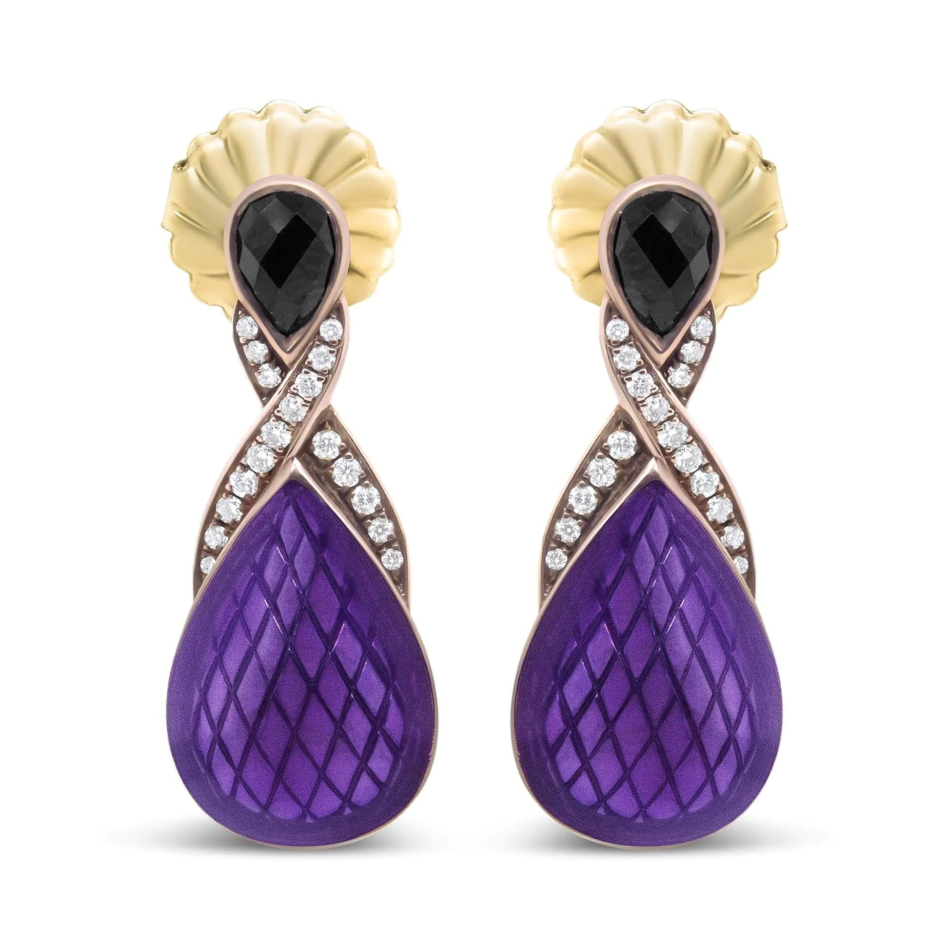 18K Rose Gold Flash Plated .925 Sterling Silver Purple Enamel 1/5 Cttw Round Pave-Set Diamond and 5.5 x 4mm Pear-Shaped Black Onyx Drop Earrings (F-G Color, VS1-VS2 Clarity) WEM Support (www.WEM.support)