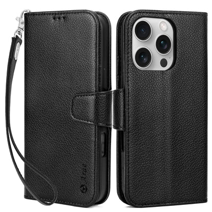 Arae Compatible with iPhone 16 Pro Case Wallet with Card Holder, Wristlet Strap Wallet Flip Cover for iPhone 16 Pro 6.3 inch Men/Women, RFID Blocking, Kickstand, Litchi Cyan