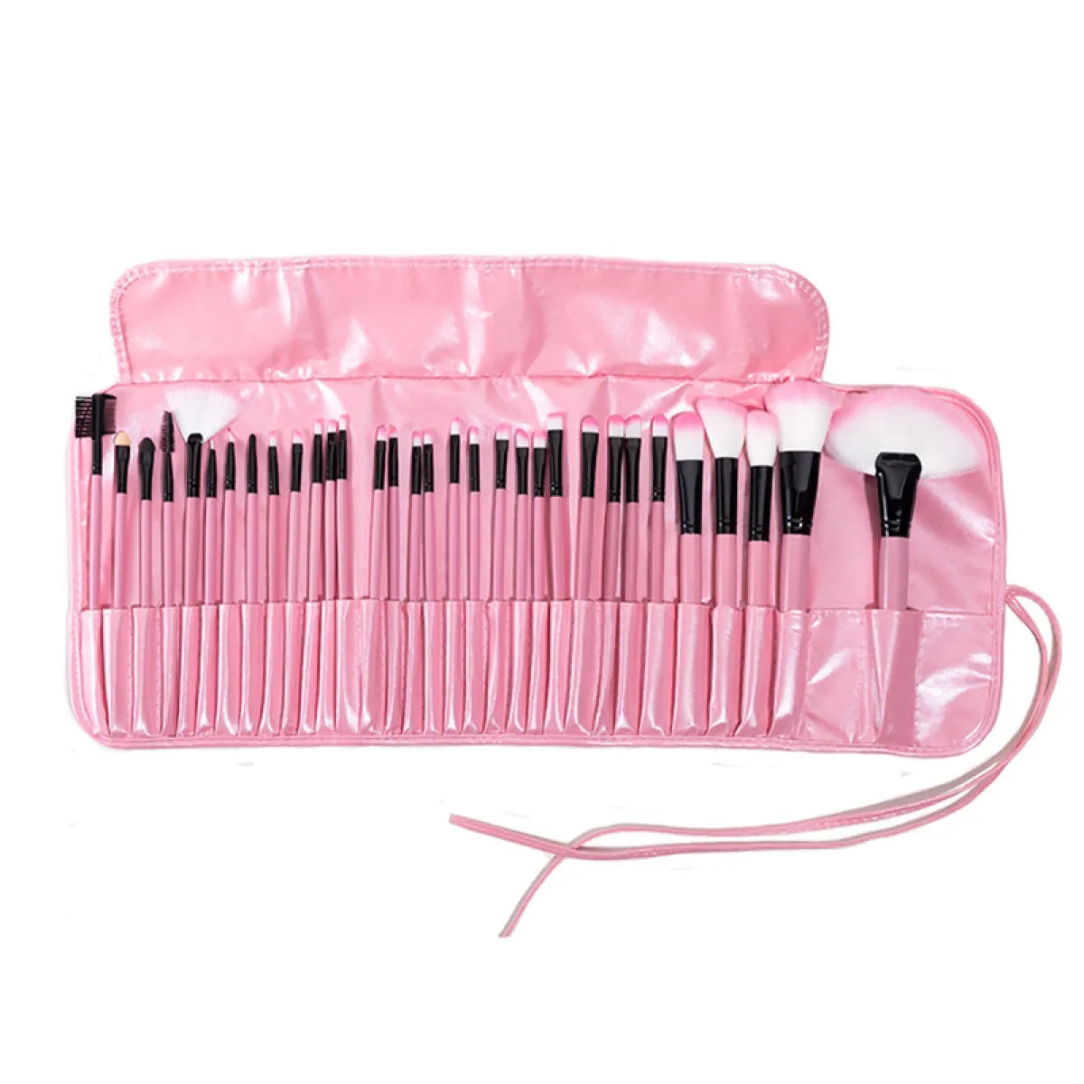 A set of 24 professional makeup brushes with black handles, displayed in an open case.