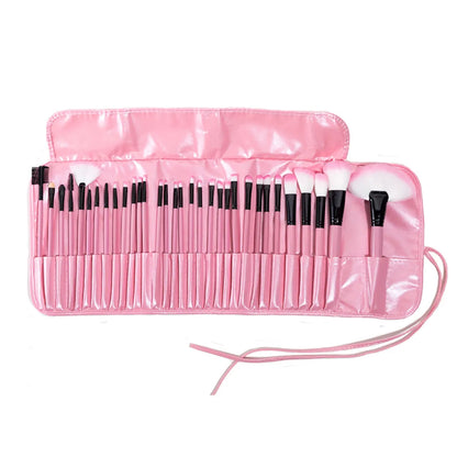 A set of 24 professional makeup brushes with black handles, displayed in an open case.