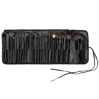 A set of 24 professional makeup brushes with black handles, displayed in an open case.
