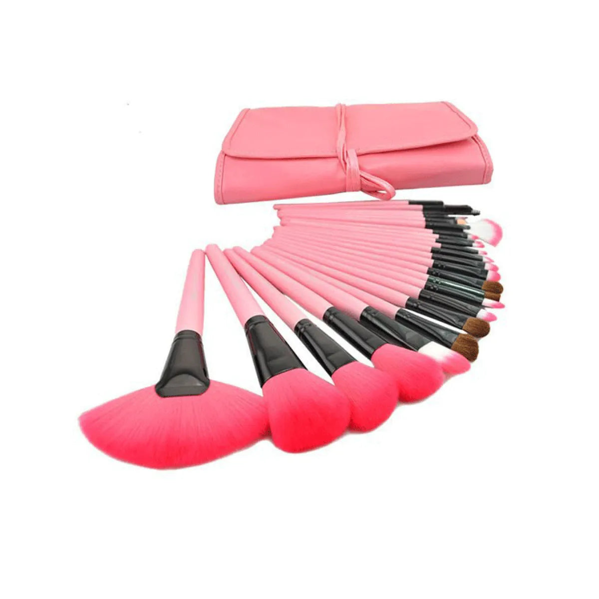 A set of 24 professional makeup brushes with black handles, displayed in an open case.