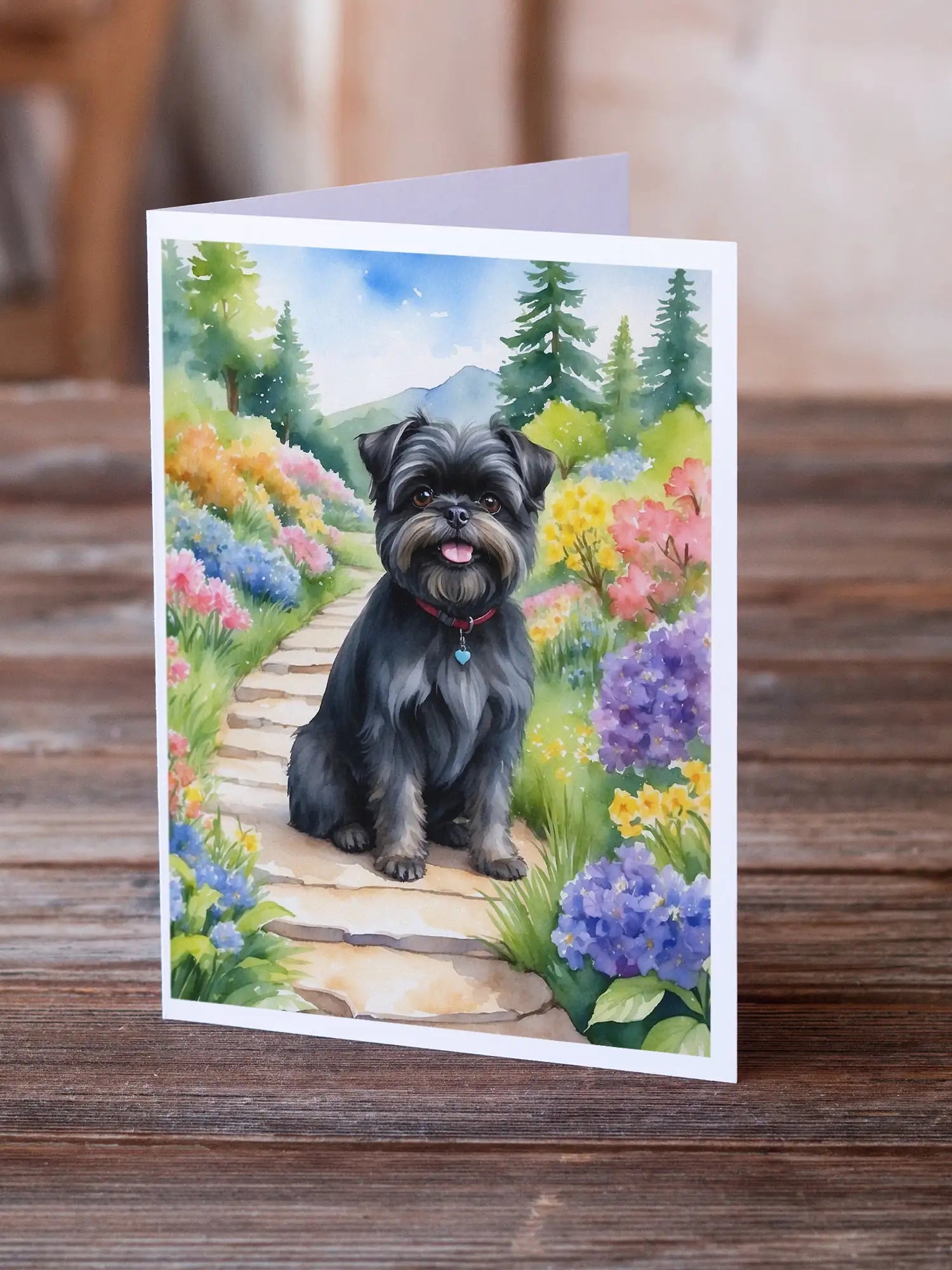Affenpinscher Spring Garden Greeting Cards Pack of 8 WEM Support (www.WEM.support)
