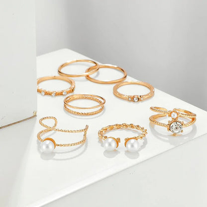Gold Geometric Ring Set with Pearls and Crystals WEM Support (www.WEM.support)