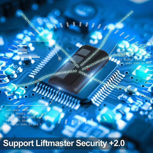 A graphic design showcasing a garage door remote with circuitry and the text 'Support Liftmaster Security +2.0'.