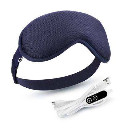 A blue electric steam eye mask with a USB power cable and a control unit.