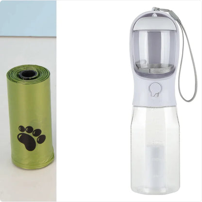 A black, circular, portable pet water bottle designed to be attached to a pet's collar.
