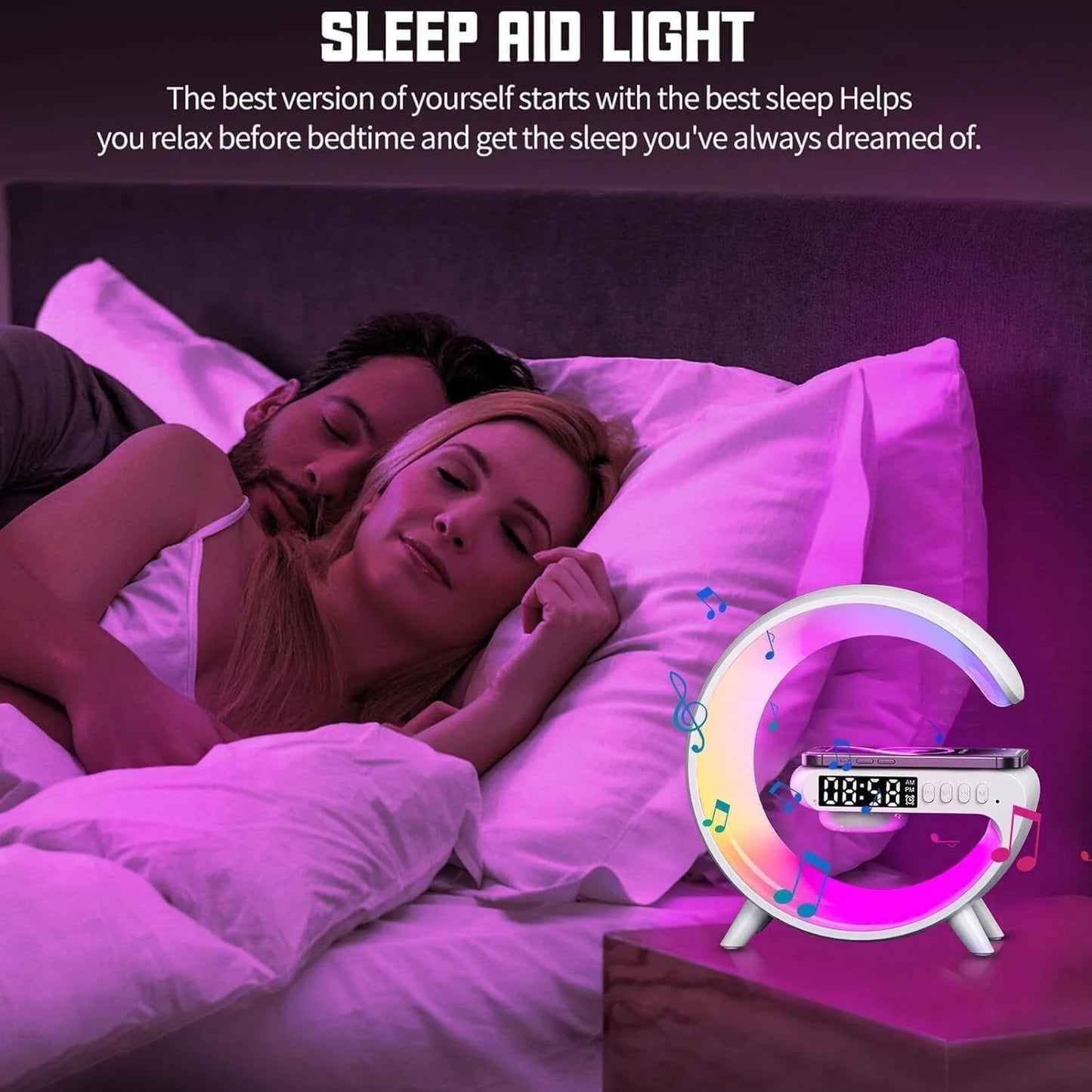An image showing a couple lying in bed with the 3-in-1 Smart G Lamp, which is glowing with a multicolored light, placed on the bedside table.