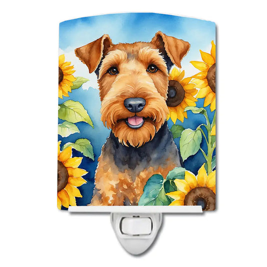 Airedale Terrier in Sunflowers Ceramic Night Light WEM Support (www.WEM.support)