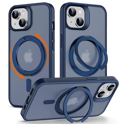 A blue silicone case for iPhone 12/12 Pro with a rotatable magnetic ring kickstand, designed for non-slip texture and compatibility with MagSafe, providing shockproof protection.