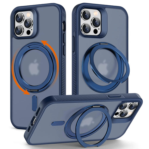 A blue silicone case for iPhone 12/12 Pro with a rotatable magnetic ring kickstand, designed for non-slip texture and compatibility with MagSafe, providing shockproof protection.