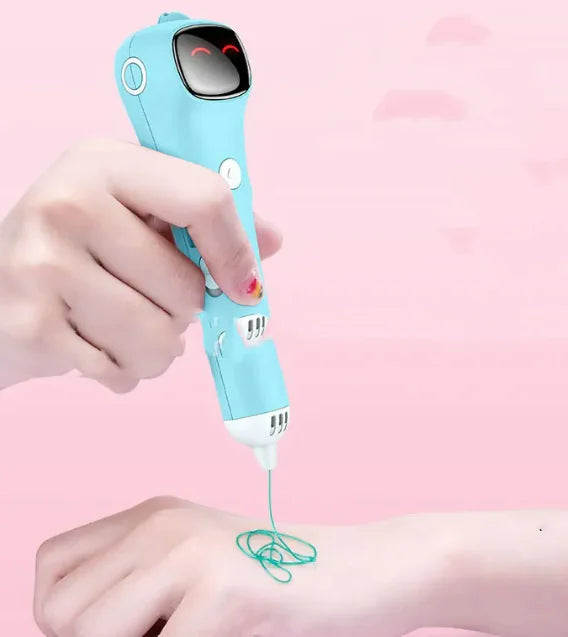 A hand holding a blue 3D drawing pen, with a small 3D printed green cube being created on a wrist.