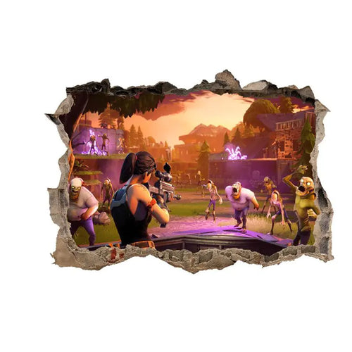 3D wall sticker decal of characters from the video game Fortnite, depicting a scene with multiple characters engaging in an activity.