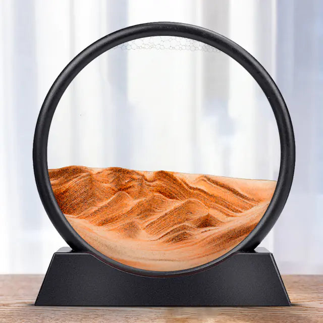 A round 3D hourglass lamp with red sand, set in a black frame on a white base, creating a visual effect of depth and time.