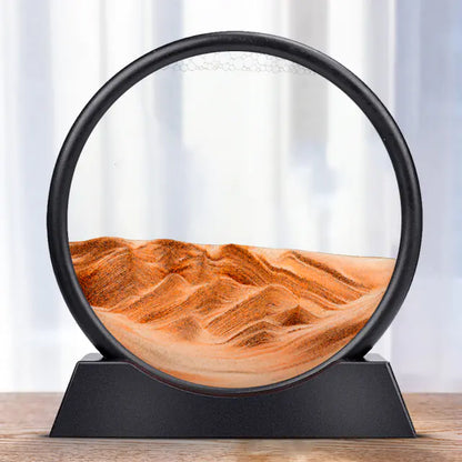 A round 3D hourglass lamp with red sand, set in a black frame on a white base, creating a visual effect of depth and time.