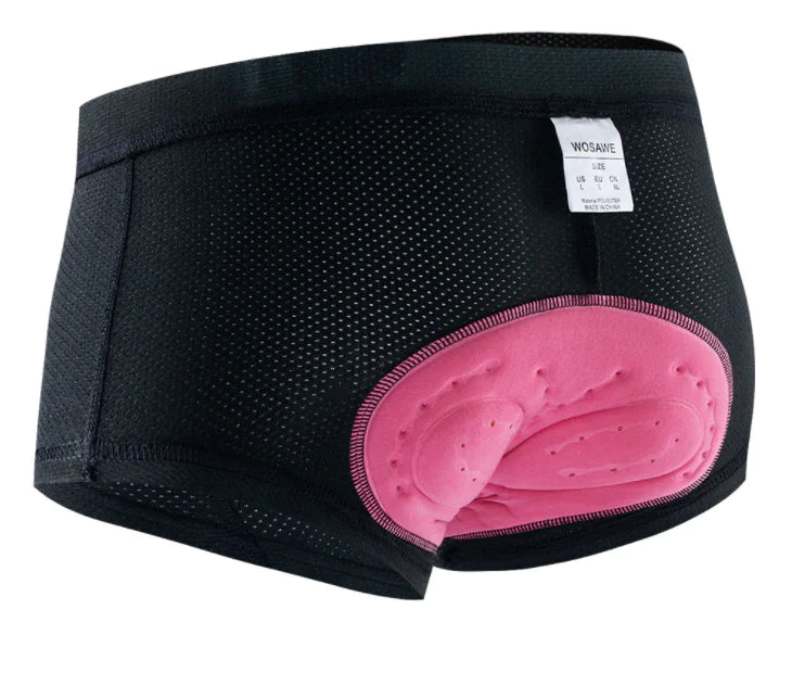 A pair of pink mountain bike riding panties with 3D silicone padding designed for women's cycling comfort.
