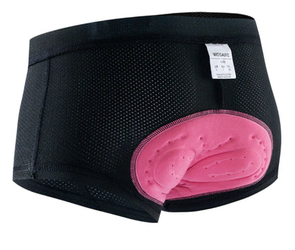 A pair of pink mountain bike riding panties with 3D silicone padding designed for women's cycling comfort.