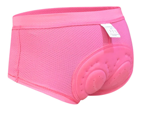 A pair of pink mountain bike riding panties with 3D silicone padding designed for women's cycling comfort.