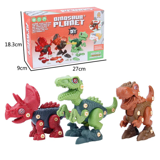Package and three assembled dinosaur toys made of plastic, with sizes indicated as 18.3 cm, 9 cm, and 27 cm.