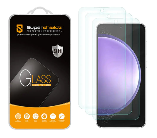 Packaging of Supershieldz tempered glass screen protector for Samsung Galaxy S24 Plus, indicating 9H hardness and anti-scratch properties.
